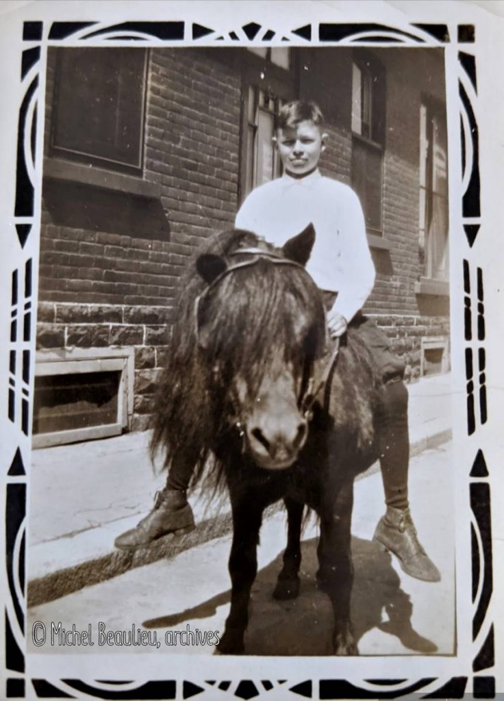 Photo noir et blanc, jeune garçon sur un poney